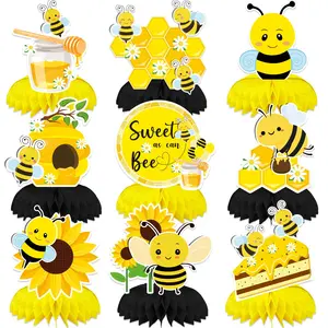 9Pcs Bee Honeycomb Centerpieces, Cute Bumble Bee Table Decorations, 3D Beehive & Sunflower Paper Centerpieces for Baby Shower, Gender Reveal, Happy Bee Day Birthday Party Supplies