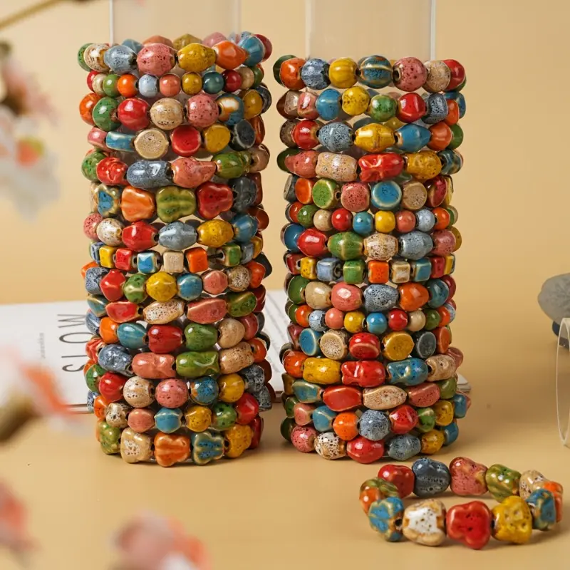 Handmade Ceramic Bangles, Set of 10 with Mixed Colors & Random Shapes - Casual Stackable Arm Candy for Unisex Daily Wear & Matching Couple Outfits, 10Pc Gift Set, Arm Candy Accessories