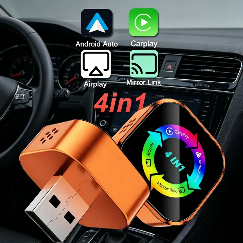2026 New 4-in-1 CarPlay Wireless Adapter, Automotive Carplay Converter - iPhone/Android Compatible, Fast Connection, Hands-Free Calling, AirPlay, Mirror Link, Bluetooth 5.0 fast transmission, stereo sound