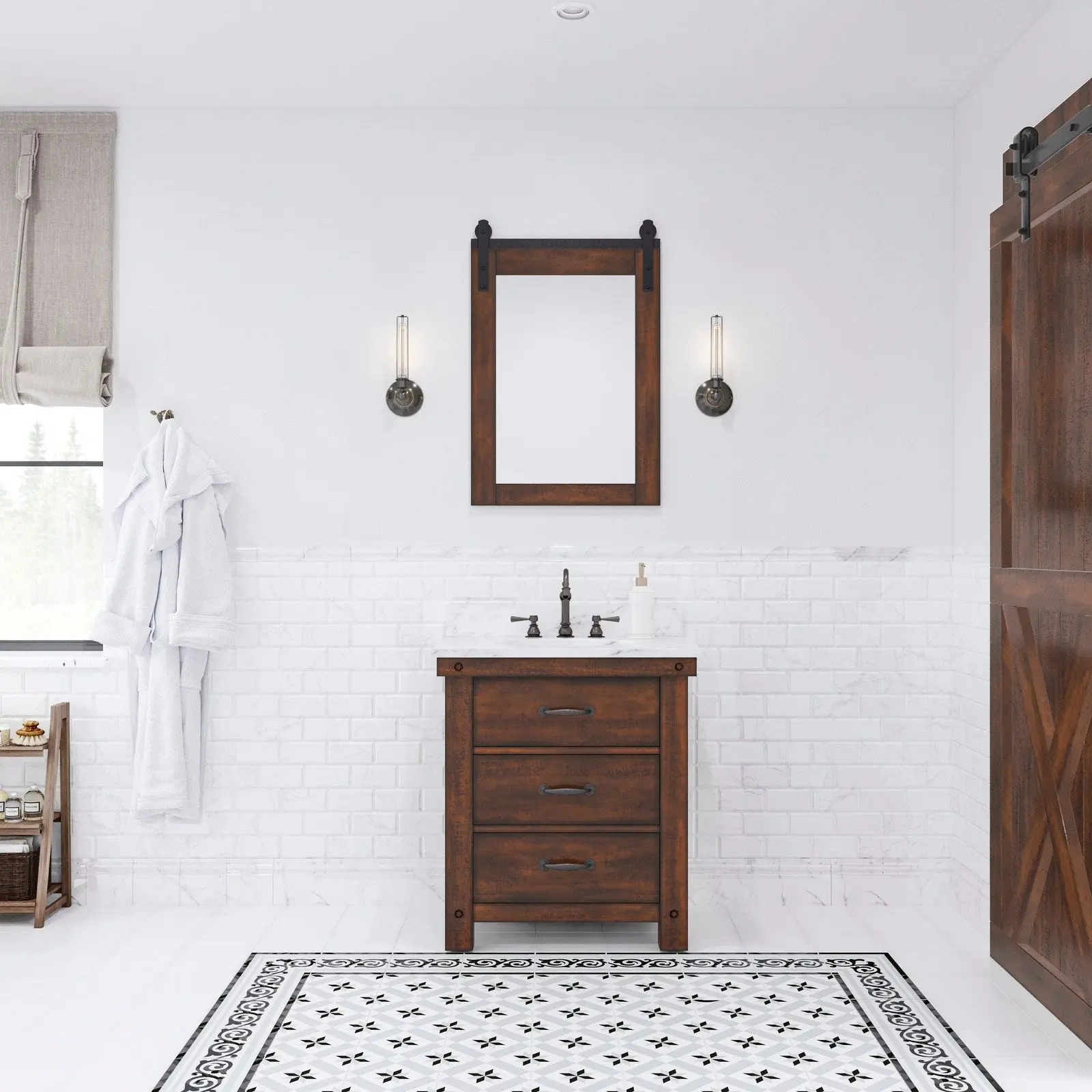 Water Creation Aberdeen 30" Single Sink Carrara White Marble Countertop Vanity in Rustic Sierra with Hook Faucet and Mirror