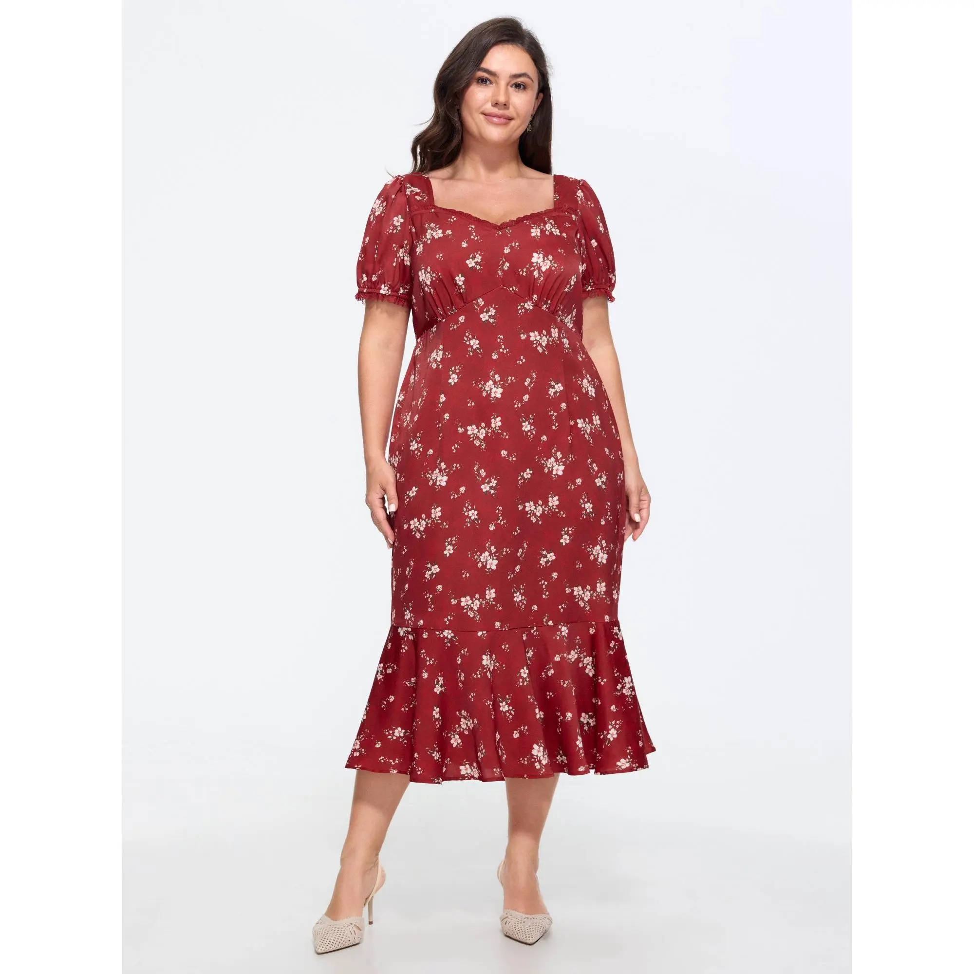 BloomChic Women's Plus Size Polyester Smooth Fabric Floral Print Shirred Short Sleeve Ruffled Midi Dress 2026 [M-6X] - Summer Casual Wear Garment, Shortsleeve, Fit, Pocket, Curvy Dresses Plus Size, Pull-On Fit