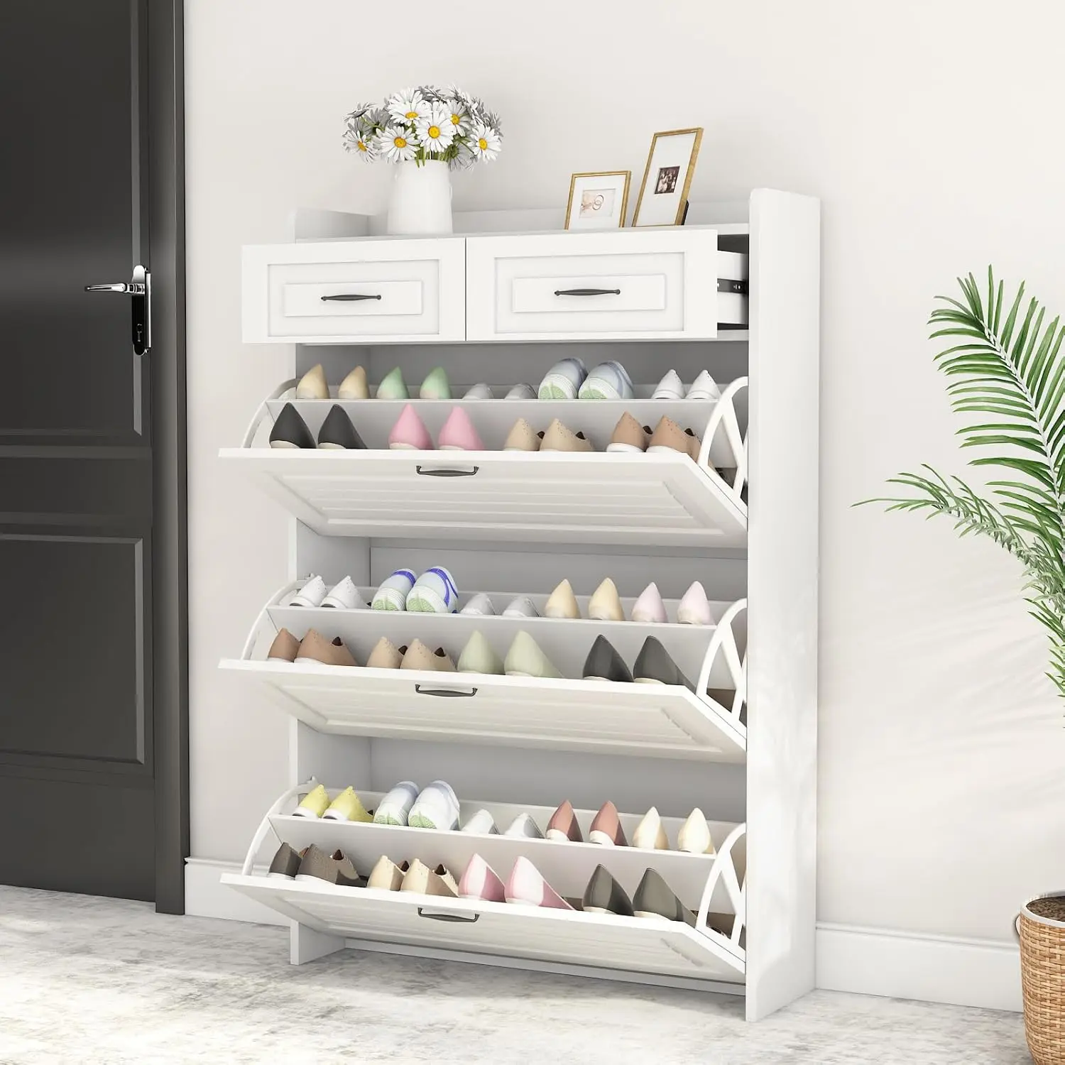 Spaco White Shoe Cabinet for Entryway, Freestanding Shoe Storage Cabinet,Wood Slim Hidden Shoe Rack Cabinet, Shoe Organizer Cabinet with 3 Flip Drawers & 2 Sliding Drawers for Closet, Hallway,dorm essentials,home decor