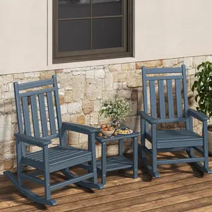 Rocking Chair Outdoor Set with Side Table - Poly High Back Porch Rocker Chairs for Adults - All Weather Resistant Furniture for Patio Front Porch