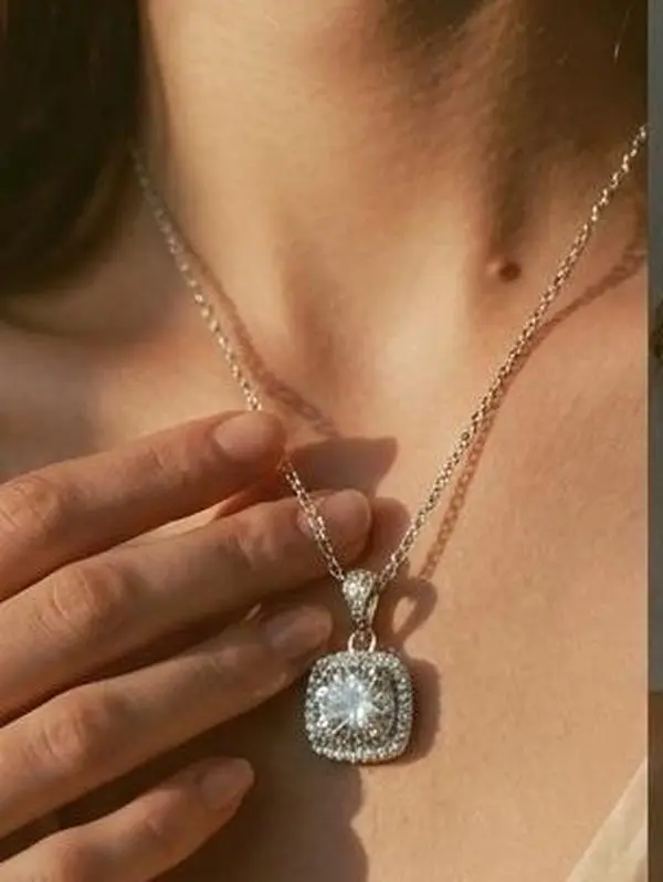 Women's Silver Cushion Halo Solitaire Pendant Necklace - Fashion Costume Jewelry Accessory