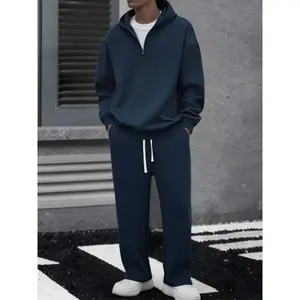 Men's solid color half zipper hooded casual pants two-piece set super soft, breathable, lightweight pullover sweatshirt with adjustable drawstring cap, large pocket, loose fit, daily leisure travel, morning walk, outdoor errand, long sleeved SpringStateme