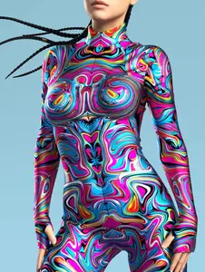 Colorful and dazzling spandex Lycra full body printed jumpsuit, Halloween costume, holiday party costume, pole dance costume, sports yoga fitness suit ava  wagner  costume Clothes Womenswear Multicolor Skinny Slim maid  outfits