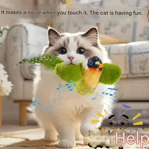 Cat Toy Realistic Chirping Bird Sound, Realistic Sounds, Interactive Cat Stick for Kittens, plush bird teaser toy, artificial feathers, fluffy feather sticks, handmade design, single-player gaming and hunting fun