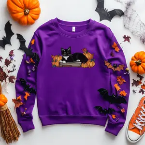 Black Cat Halloween Shirt, Pumpkin Halloween Sweatshirt, Funny Halloween Shirt Full Size S-5XL