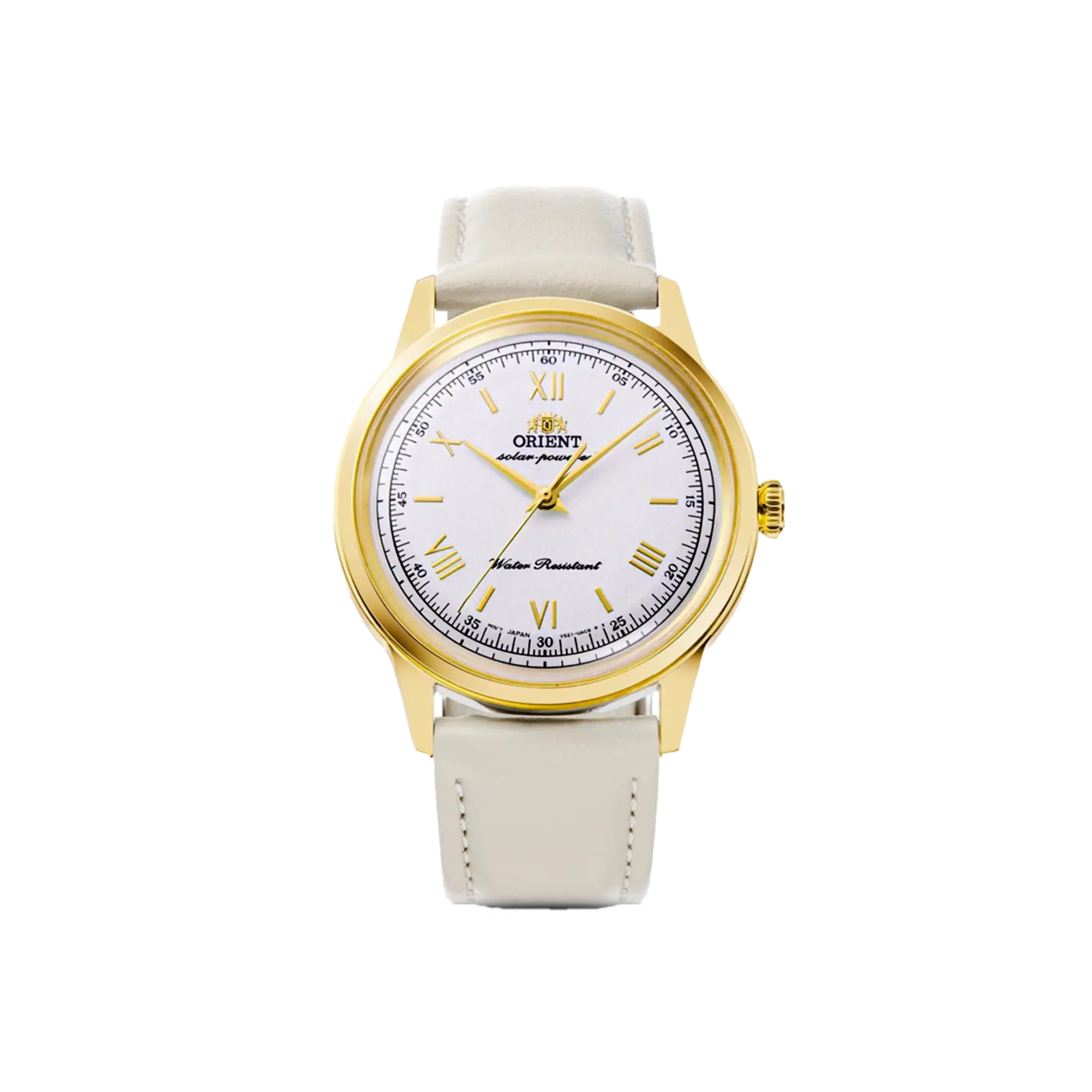 Orient Bambino Classic Unisex Watch, Solar Quartz Movement with 6 Months Power Reserve, Plant-Based Leather Strap, 38.4mm Stainless Steel Case, Leather Watch, Stylish Watch