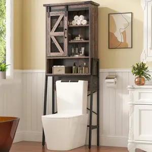 Over The Toilet Storage Cabinet with Sliding Barn Door 4-Layer Adjustable Shelves Metal Frame Farmhouse Space Saver Brown Bathroom Organizer