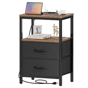 Huuger Nightstand with Charging Station, Side Table with Fabric Drawers, End Table with Open Shelf, Bedside Table with USB Ports and Outlets, Night Stand for Bedroom
