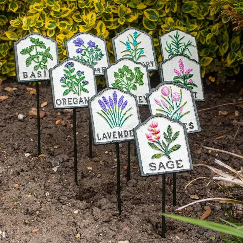 Metal Herb Markers - Cast Iron Hand Painted Vegetable, Salad & Flower Labels for Cooking and Culinary Use