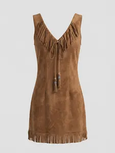 Women's Western Cowgirl Style Casual Chic Summer Fall Brown Faux Suede Mini Dress, Sleeveless V-Neck Fringe Trim Slim Fit, For Country Music Festival Rodeo Concert, Boho Bohemian Dress