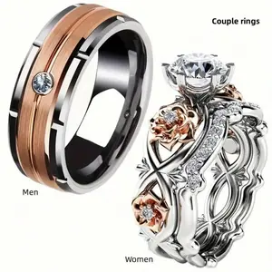 Set of 3 includes 1 Fashionable stainless steel couple ring for men, Set of 2 Rose engagement rings for women,wedding gift,engagement,gift for couples