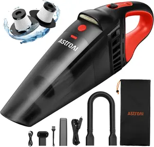 AstroAI Handheld Car Vacuum Cordless with Accessories, Portable Vacuum Cleaner with 12V DC Power, LED Light, Brush, Extended Suction Pipe, Hose, Mini Handheld for Car, Home, Office, and Pet Hair, Red