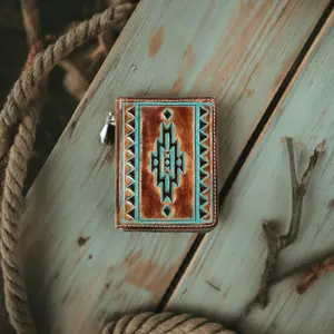 Men's Durable Bi-Fold Western Wallet, Genuine Leather Southwest Embossed Flipcase with Turquoise Trim (A3560102), Western Wallets, Genuine Leather Wallet