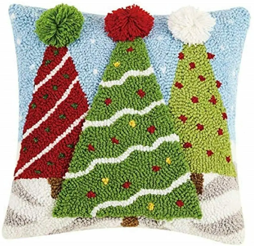 14x14 in. Whimsical 3D Christmas Tree Square Hook Pillow, Multi-Color, Festive Holiday Theme Accent for Room Decor, House Decor