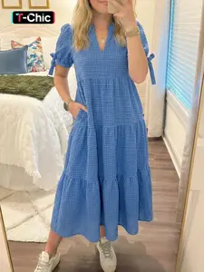 Solid Color Plaid Texture Bow Short Sleeve Layered Midi Summer Lady Dress, Casual Dresses, Elegant Women's Clothing, Womenswear, Casual Wear, Perfect for Casual and Formal Occasions