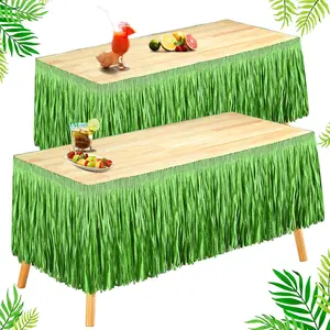 Hawaiian Luau Grass Table Skirt Fringe Tiki Bar Decorations Tropical Raffia Grass Table Skirt for Summer Beach Themed Party Hula Birthday Decorations,157 x 12 Inch(Green,2 Pcs)