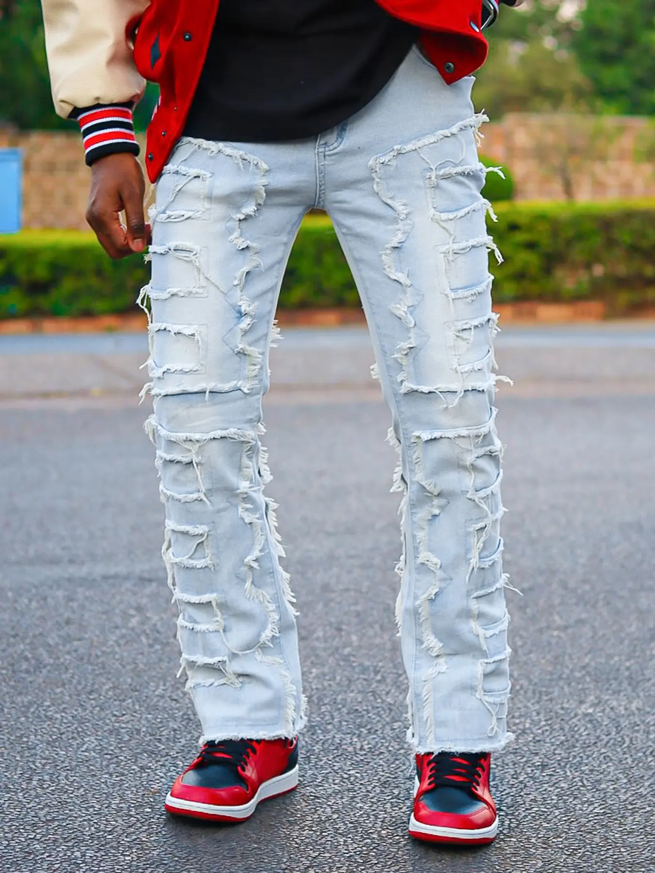 patch jean，cut jean，Men’s street-style ripped slim-fit jeans; comfortable straight-leg mid-rise casual pants; ripped skinny jeans; stretchy slim-fit mid-rise jeans Streetwear Distressed