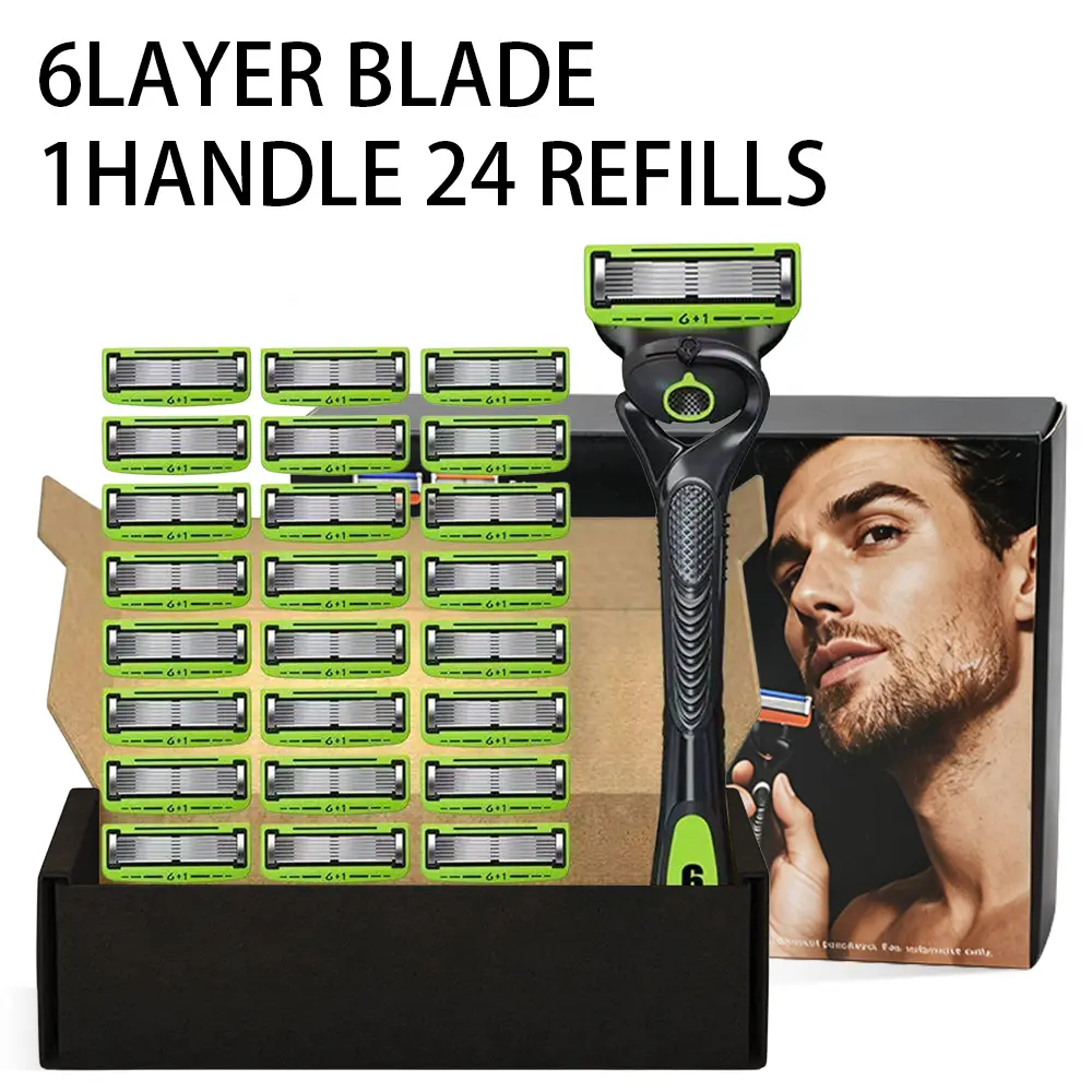 Men's All-in-1 Shaving Razors Set with 1 Handle and 24 Washable Blade Refills, 6-Layer Blades for a Smooth Shave, Reusable, All-In-One Set Razors