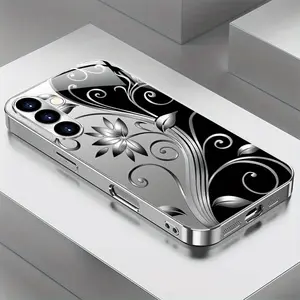 High-end Fashion Trend Silver Black Floral Pattern Plated Glass Phone Case for Samsung Galaxy S25 24 23 22 21 20 Plus A05 06 14 15 16 24 25 26 34 35 36 54 55 56 - Fashion Design trendy protective cover