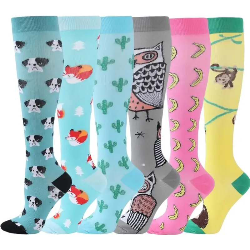 Women's Funky Compression Socks - 6-Pack Knee-Highs with Animal & Retro Prints, Cotton Blend, Unisex Sizing, Reduces Leg Fatigue for Work & Sports, Athletic Socks