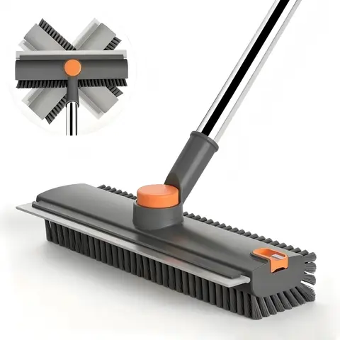 【Fall Home Essential】3-in-1 Floor Scrub Brush Scrubber Cleaner with Adjustable PVC Long Handle, 360°Rotating Scraper, Heavy-Duty Stiff Bristles, Comfortable Home Goods Single Unit for Bathroom, Patio Cleaning Supplies