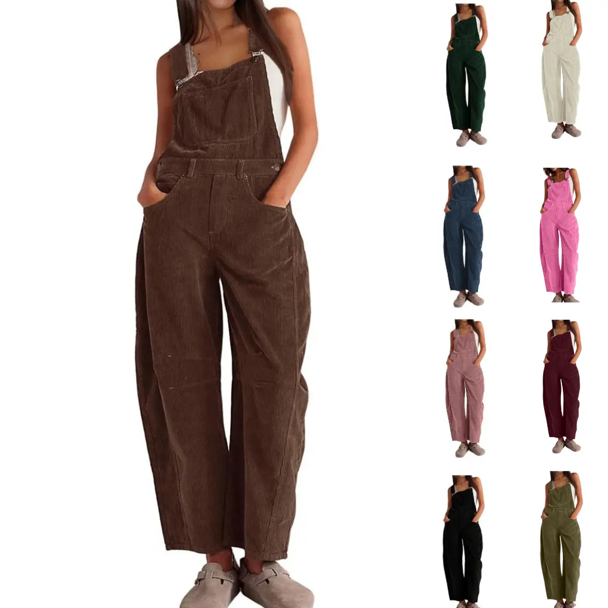 SCUSTY Corduroy Overalls for Women Barrel Wide Leg Bib Corduroy Pants Women Adjustable Romper Jumpsuit with Pockets Overallsgirl Womenswear