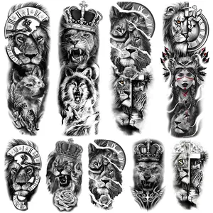 9 Sheets Lion & Clock Temporary Tattoo Stickers, Waterproof Body Art Tattoos for Men Women, Party Festival Accessories, Temporary Fake Tattoo
