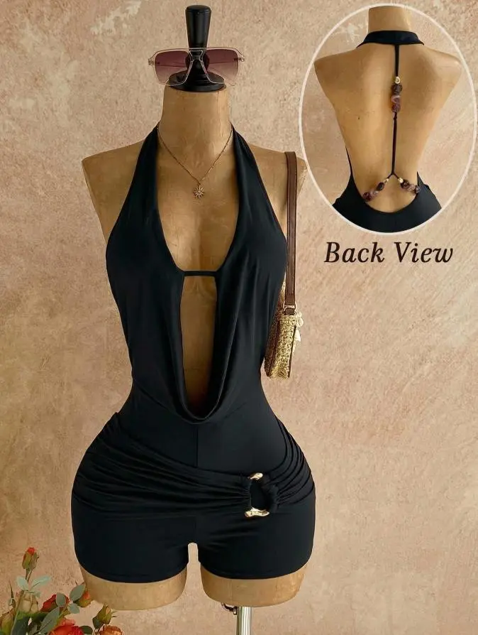 AIbart Women's Bohemian Tropical Sleeveless Halter Backless Overalls with Textured Metal Beads, Comfortable Sexy Style for Leisure Vacation, Jumpsuits For Women, Tropical Clothing, Halter Neck, Plain, Milk Silk