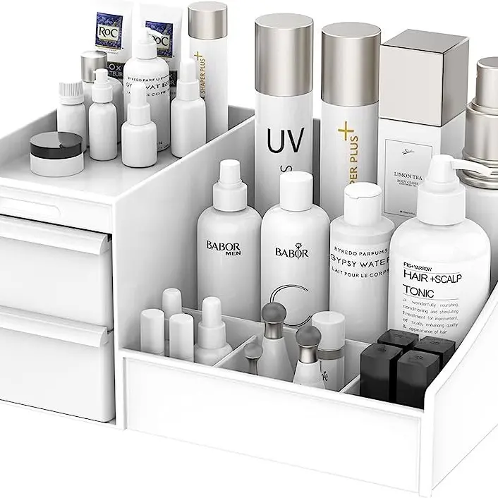 Eco-Friendly Modern Rectangular Plastic Beauty Storage Box with Slides, Drawers, Button - Waterproof Clean, Washable Surface Home Organizer for Dressing Table Vanity, Gift-Ready