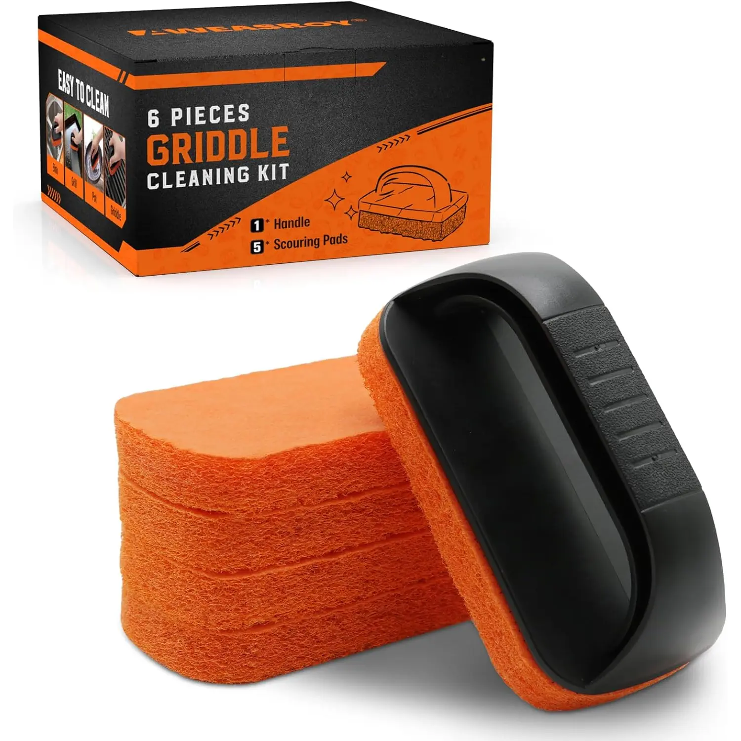 6- Griddle Cleaning Kit for Blackstone, Flat Top Grill Cleaning Kit Non-Scratch Scouring Pads for Kitchen - 5  Pads and 1 Handle