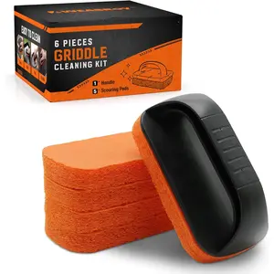 6- Griddle Cleaning Kit for Blackstone, Flat Top Grill Cleaning Kit Non-Scratch Scouring Pads for Kitchen - 5  Pads and 1 Handle