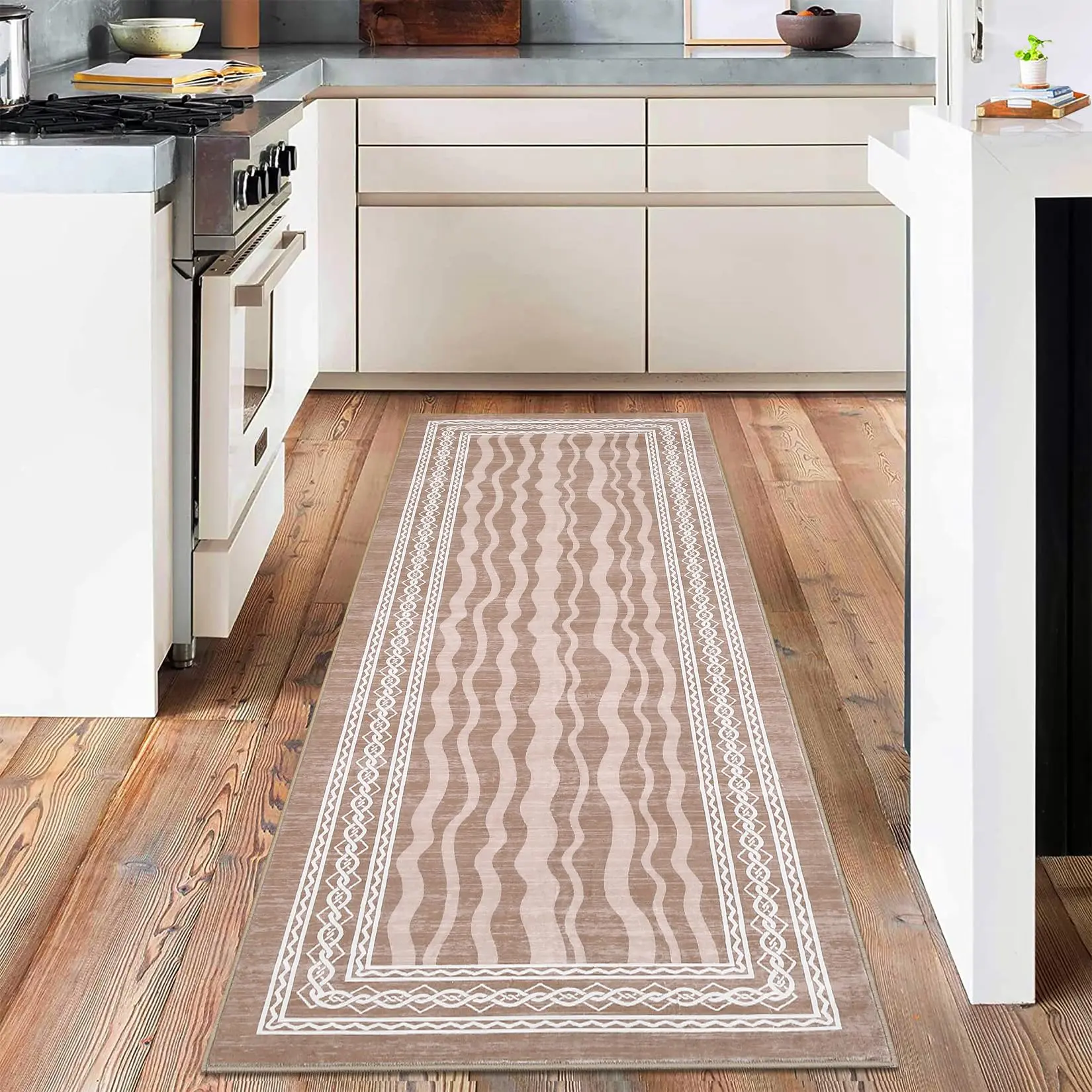 GARVEE 2x6 Washable Hallway Runner Rug-Modern Bordered Print Rugs Non-Slip Indoor Table Runners for Entryway Low Pile Area Rug for Kitchen Waterproof Geometric Carpet for Bedroom Bathroom Red