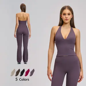 Women's Summervibes Halter Tank Top Longline & High Waisted Athletic Long Pants Set, V Neck Sleeveless Backless Built, Slimming Waist Control, Lift Chest and Butt, Athletic Style Activewear Sporty Set Sweatsuit With Pockets Outdoor Fun