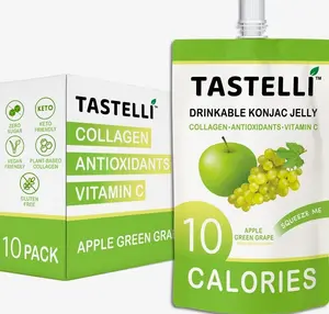 Tastelli Konjac Jelly Infused with Collagen & Vitamin C | Gluten Free, Sugar Free, Low Calorie | Vegan Drinkable Fruit Jelly Snack | Apple Green Grape | 150mL x 10 Pouches