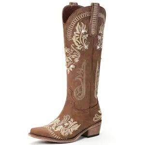 Women's Cowboy Boots - Wide Calf Knee-High Western Boots with Classic Embroidery, Sparkling Rhinestone Accents, Pointed Toe, and Convenient Pull-On Zipper Design