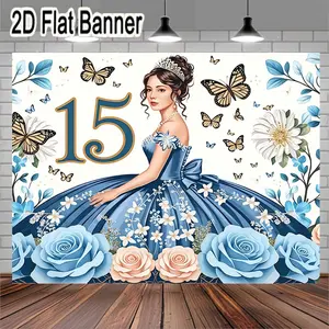 2D flat banner, 1pcElegant Blue Ball Gown for Quinceañera with Off-the-Shoulder Design, Floral Decorations and Large Bow, Complete with Tiara and Necklace, Ideal for 15th Birthday Celebration, Perfect for Regal Party Themes with Flowers and Butterf