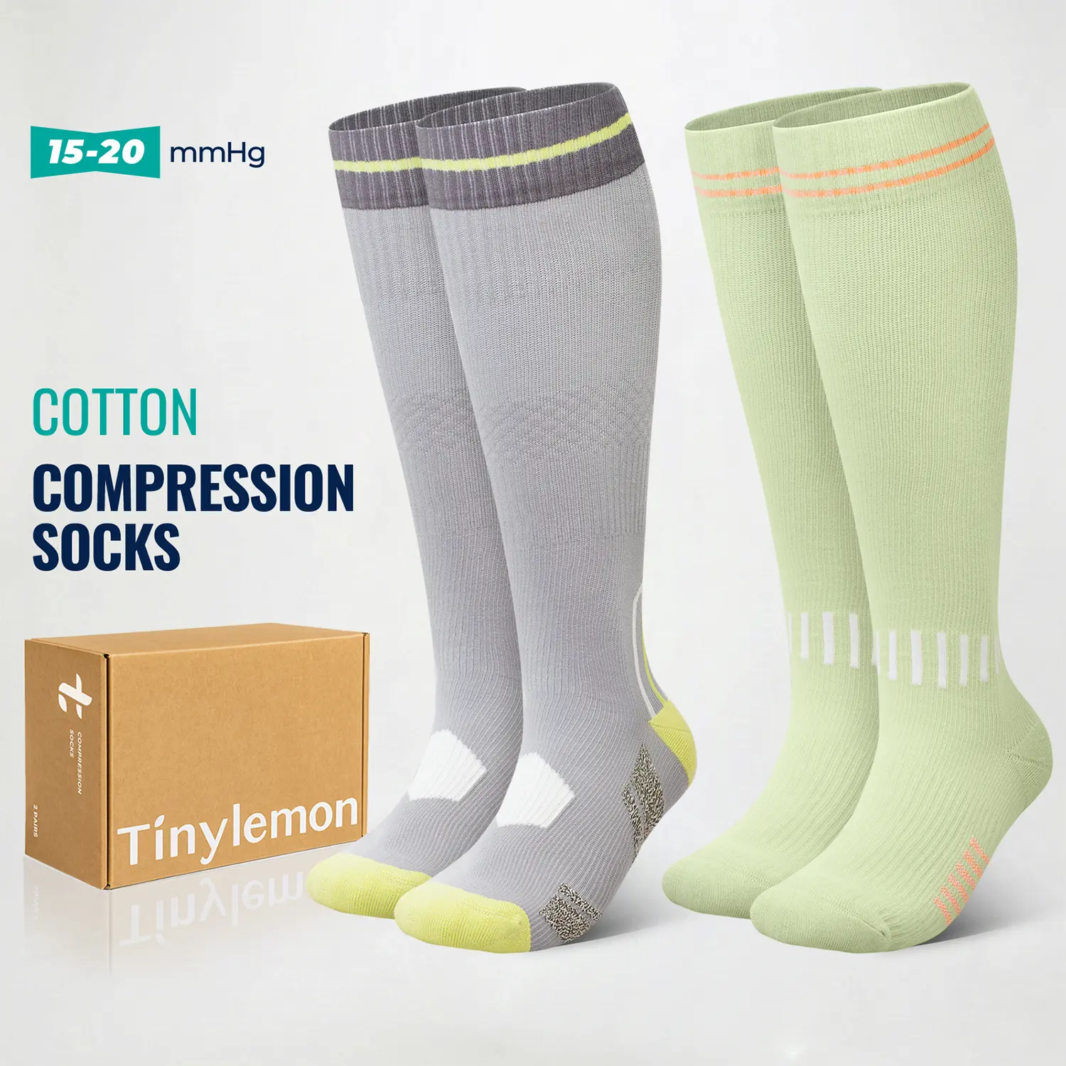 Tinylemon Adults' Knee-High Sports Compression Stockings, 2-Pair Colorblock Pack, 15-20 mmHg Gentle Support for Nurses & Flying, Sports Socks, Elastic Socks, Two Pairs