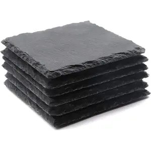 6 Pack Square Slate Drink Coasters 4 Inch Black Slate Stone Coasters Bulk Cup Coaster Laser Engraving Blanks with Anti-Scratch Bottom for Drink Coffee Bar Kitchen Home Decor