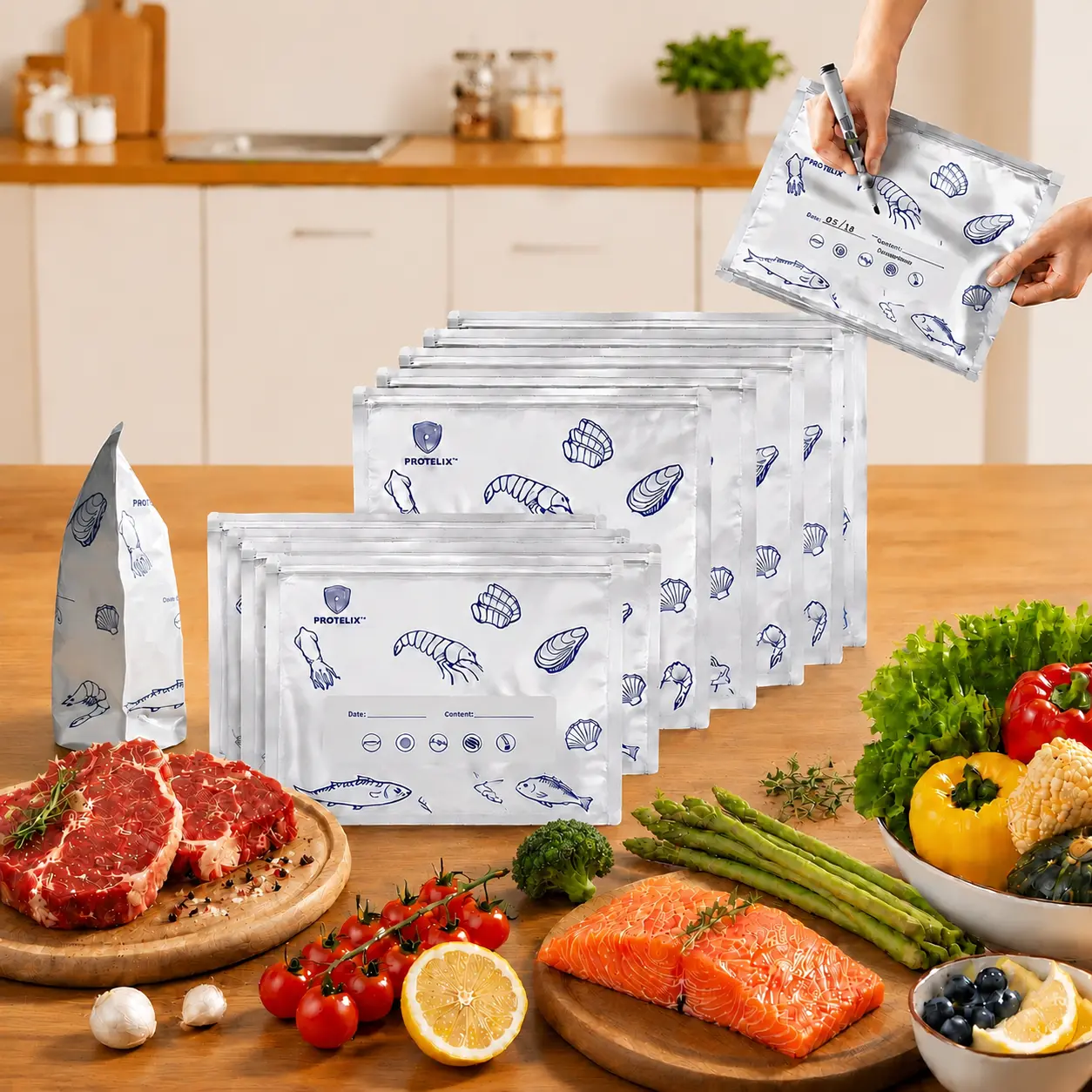【Refrigerated Food】Reusable Aluminum Foil Sealable Storage Bags, PROTELIX 2026 New Resealable Vacuum Zipper Pouches for Food, Stand Up Foil Sealable Bags with Label and Zip Lock for Vegetable Fruit Meat