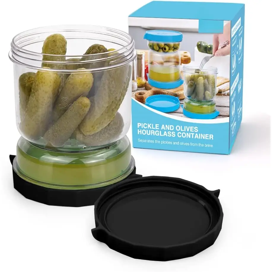 Superior Quality Double-Compartment Leakproof Synthetic Kitchen Airtight Reusable Pickle & Olive Jar Canister with Flip-Top Strainer, Juice-Separating Hourglass Storage Container, Dishwasher Safe (Transparent Black)