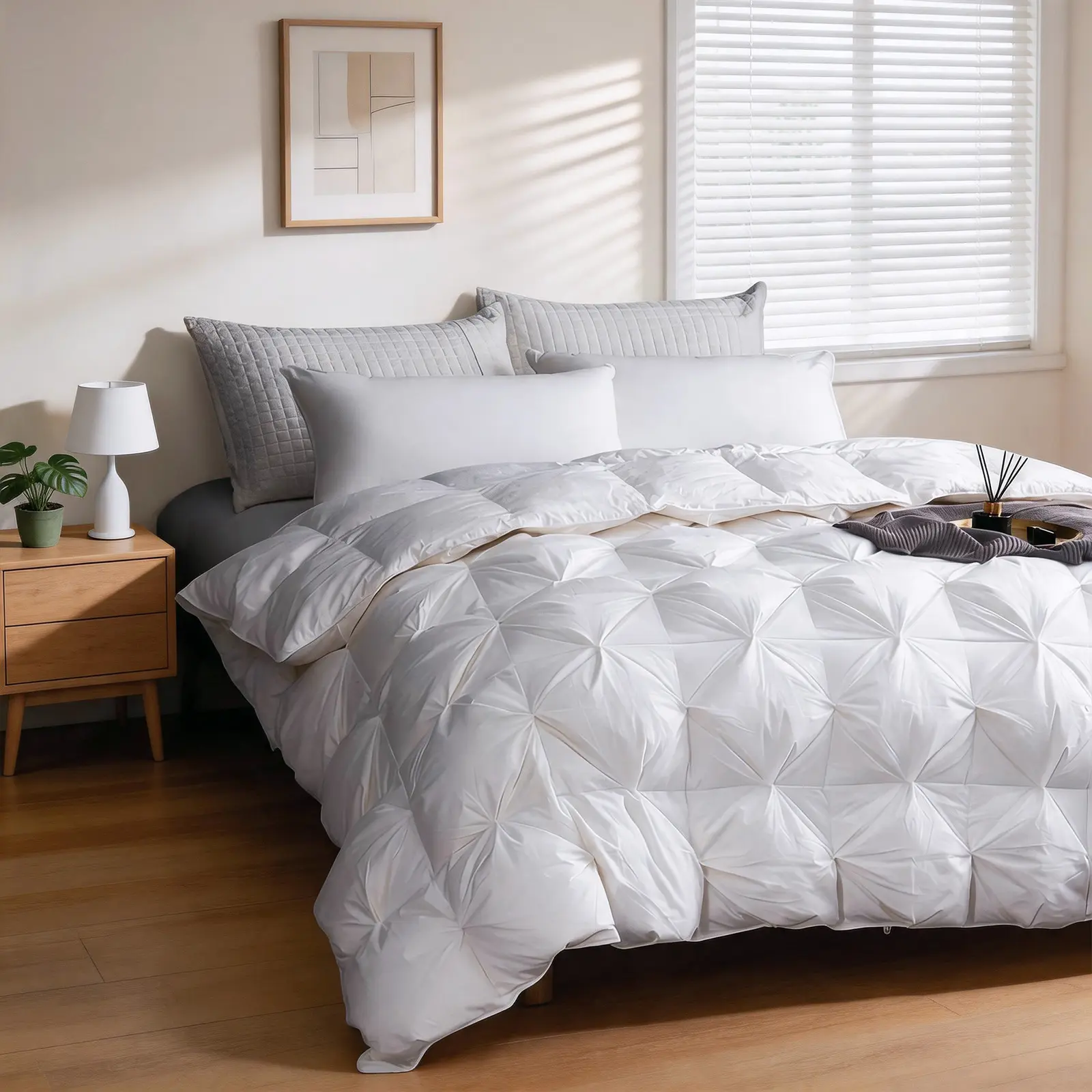 Modern Pinch Pleat Duvet Insert - White Fluffy Cotton/Down, 64x88in, 8 Tabs, Super Lightweight Breathable Lofted Solid Neutral All-Season Bedding, Permabaffle Loft, Shake-to-Restore, Responsibly Sourced Luxury Warmth,familyfun
