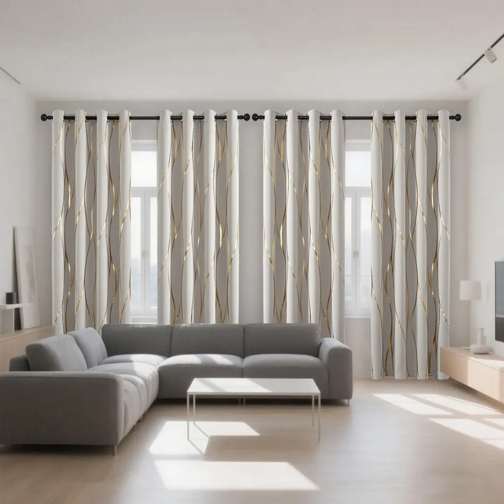 4-Piece Heavy Curtain Set with Hot Stamping Vertical Wave Texture Shading, Perforated Top Hanging, Insulation, Noise Reduction & UV Blocking for Living Rooms, Bedrooms