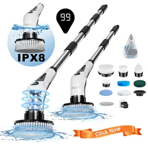 PRASKY Electric Spin Scrubber, IPX8 & LED Display Cordless Shower—Comes With 9 Replacement Brush Heads And 4 Adjustable Handlesfor Bathroom, Tub, Tile, Shower, And Car/SMARTLIVING Durable Household Appliance Rechargeable