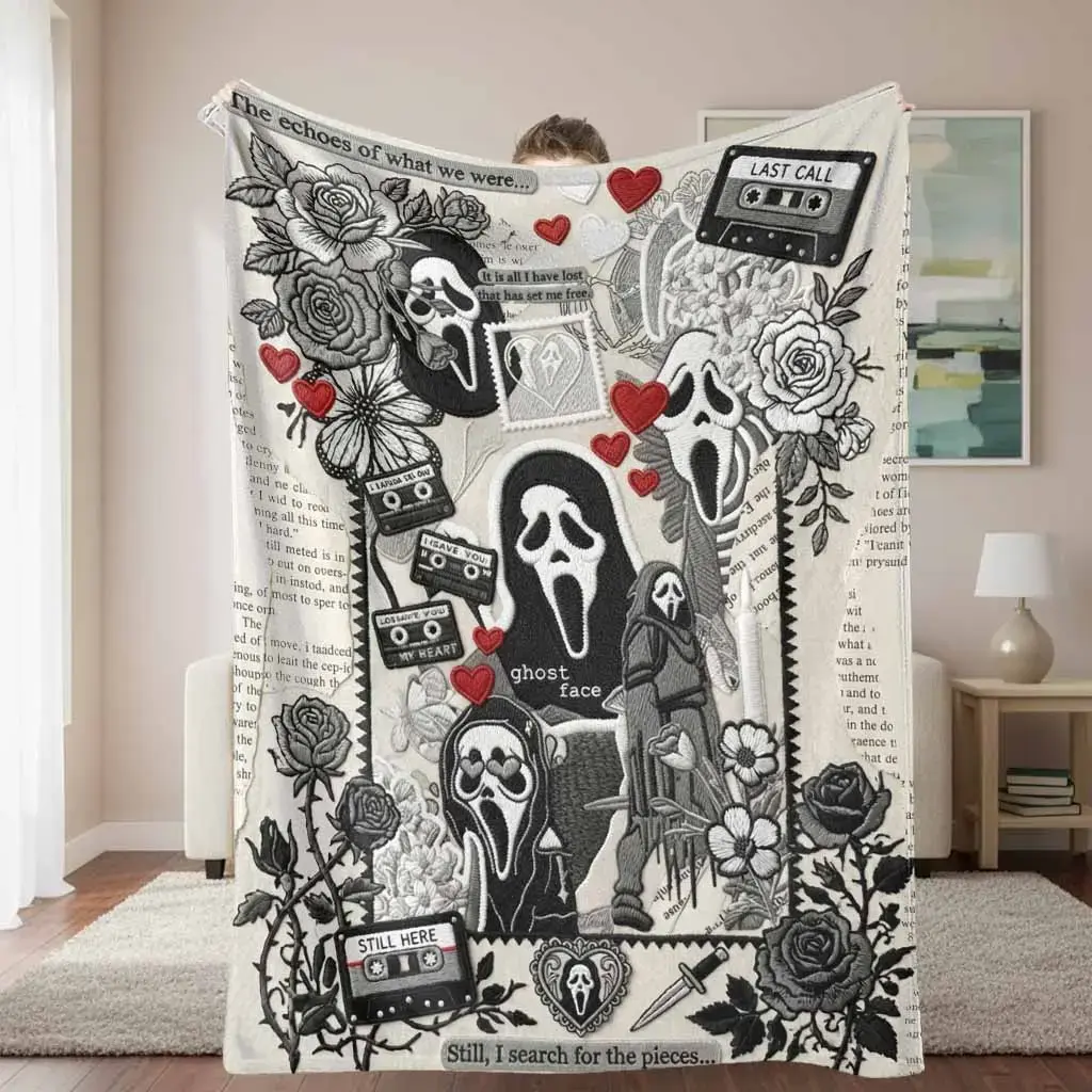 Halloween Ghost Face Roses Floral Cassette Flannel Blanket Embroidery Style Horror Art Print Ultra Soft Plush Throw Blanket Cozy Lightweight Bedding Blanket for Bed Sofa Couch Bedroom Haunted Spooky Home Decor Gift
