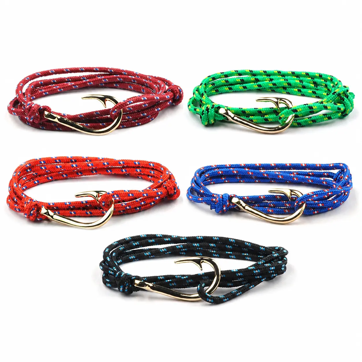 Men's 5-Piece Fashion Adjustable Nylon Alloy Hand-Woven Fishhook Bracelets - DIY Versatile Unisex 65cm Nautical Casual Stacking Set, Multicolor Matching Anklets for Teens, Combo Pack1, Handmade Stacking Bangles, Teenage Boy Gifts, Stackable Set