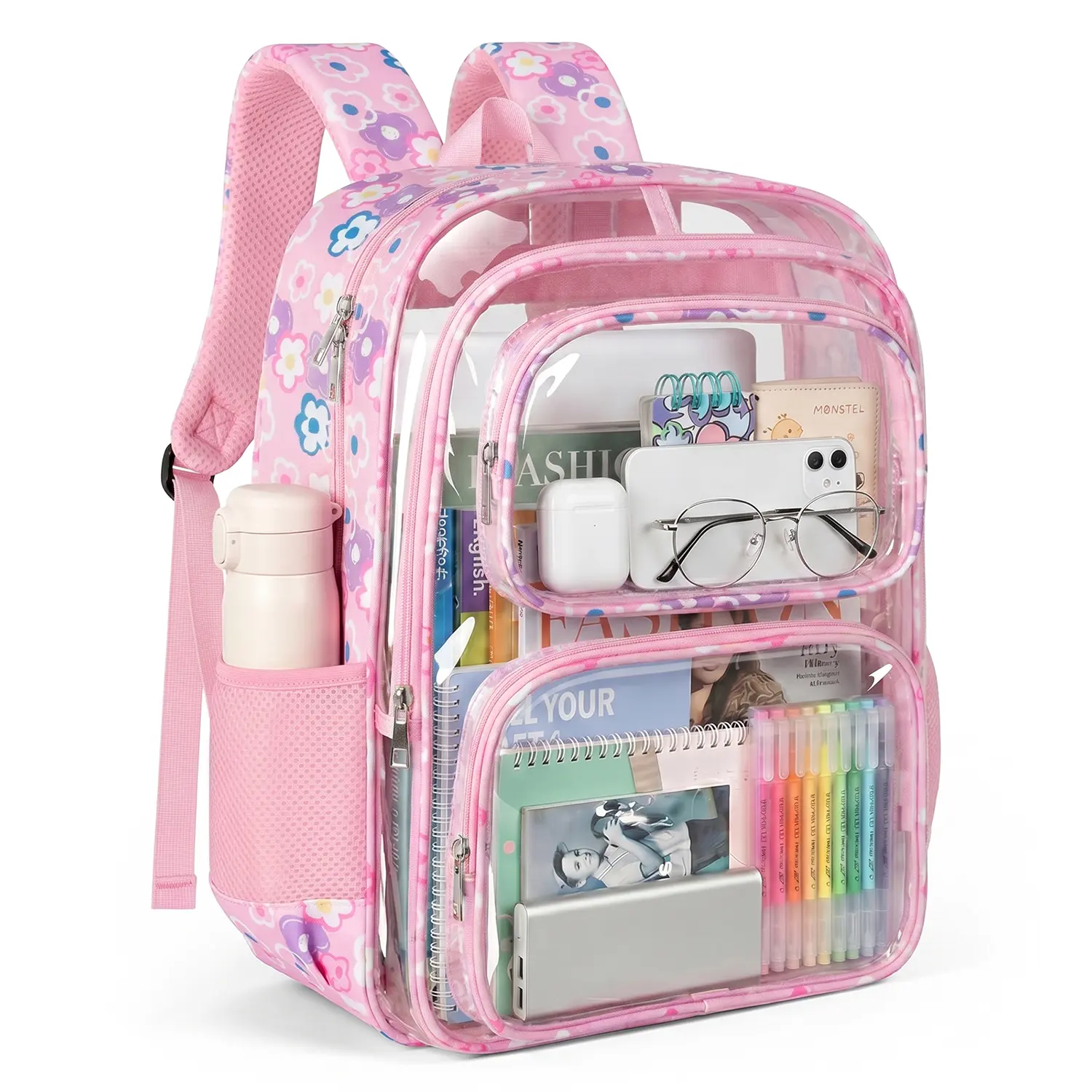Clear PVC School Bag with 4-Layers See Through Storage, Backpack Transparent Heavy Duty Bookbag with Padded Shoulder Straps, Large Capacity Multi Pocket Schoolbag for Travel, College, Work, Security Check, back to school