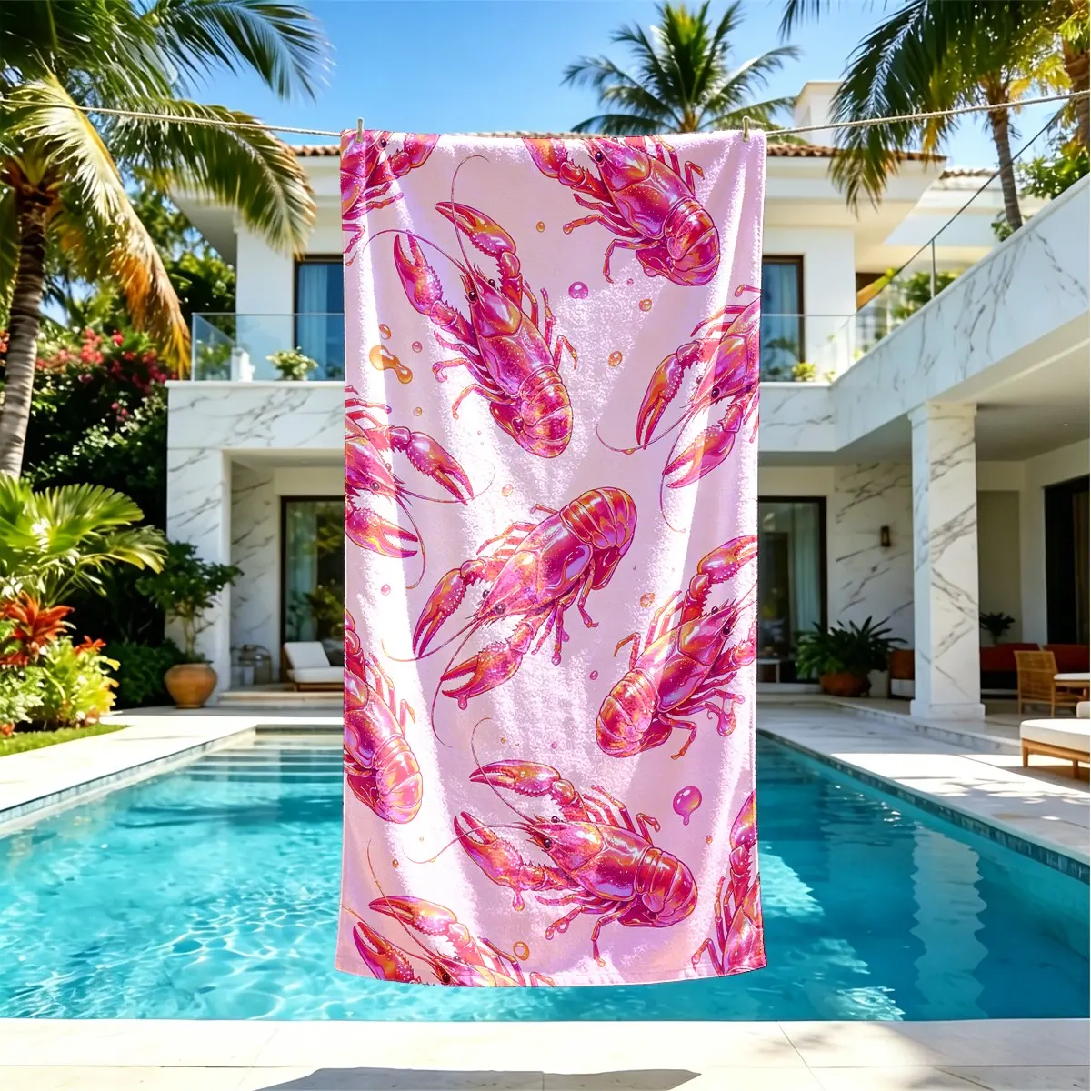 Watercolor Lobster Print Microfiber Design Beach Towel, Lightweight Absorbent Quick-Dry, Soft Comfortable, Ideal for Beach, Camping, Swimming, Surfing, Travel, Travel Towels